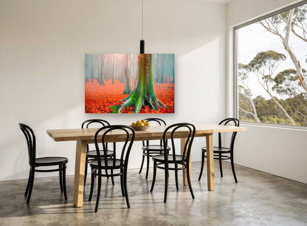 Mossy Beech Autumn Floor floral canvas print on the wall of a dining room