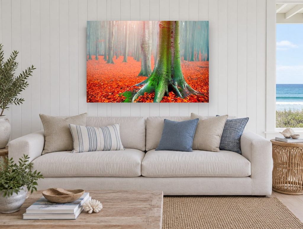 Mossy Beech Autumn Floor floral canvas print on the wall of a beach house living room