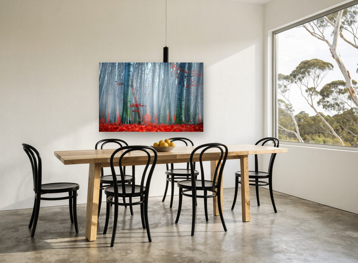 Red Beech Mist floral canvas print on the wall of a dining room