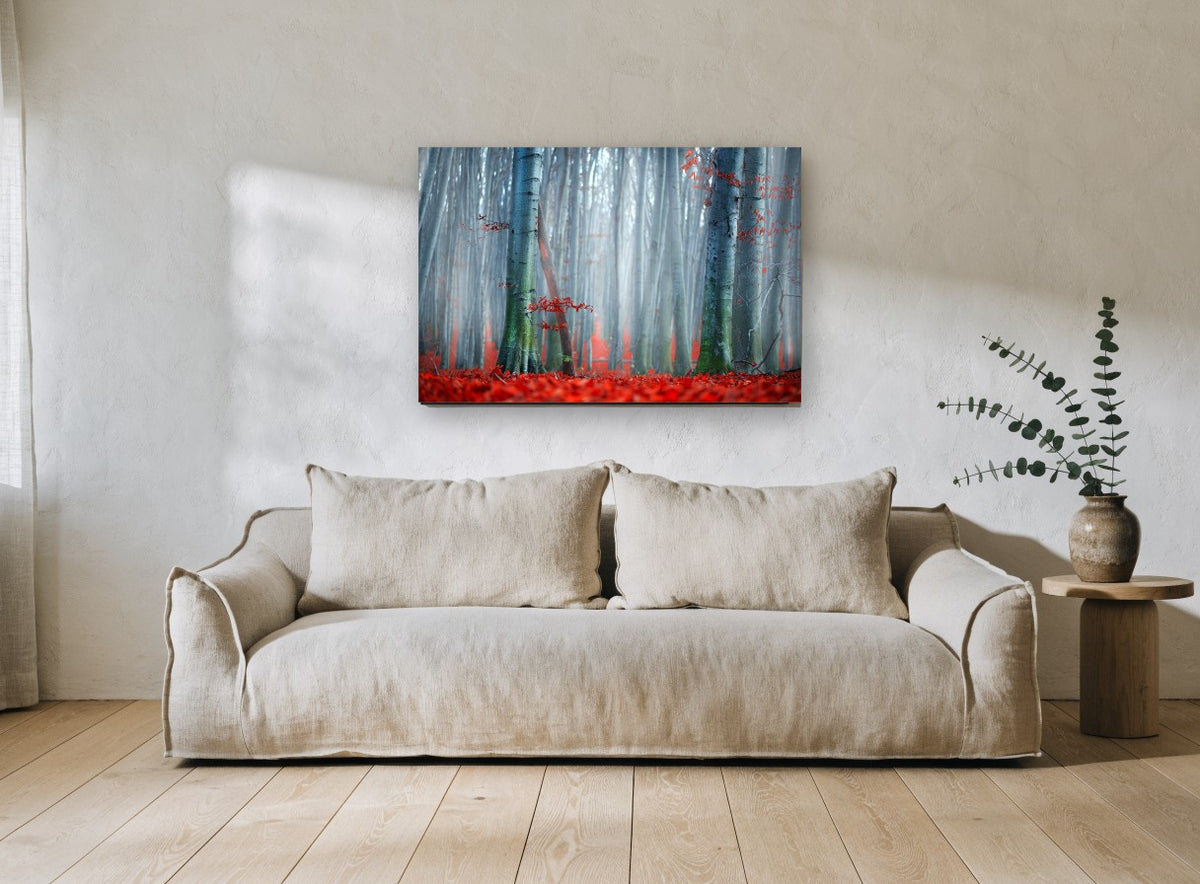 Red Beech Mist floral canvas print on the wall of a living room