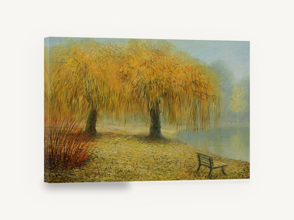 Willows by the Misty Lake, autumn weeping willows lake painting, floral canvas wall art print ready to hang