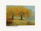 Willows by the Misty Lake, autumn weeping willows lake painting, floral canvas wall art print ready to hang