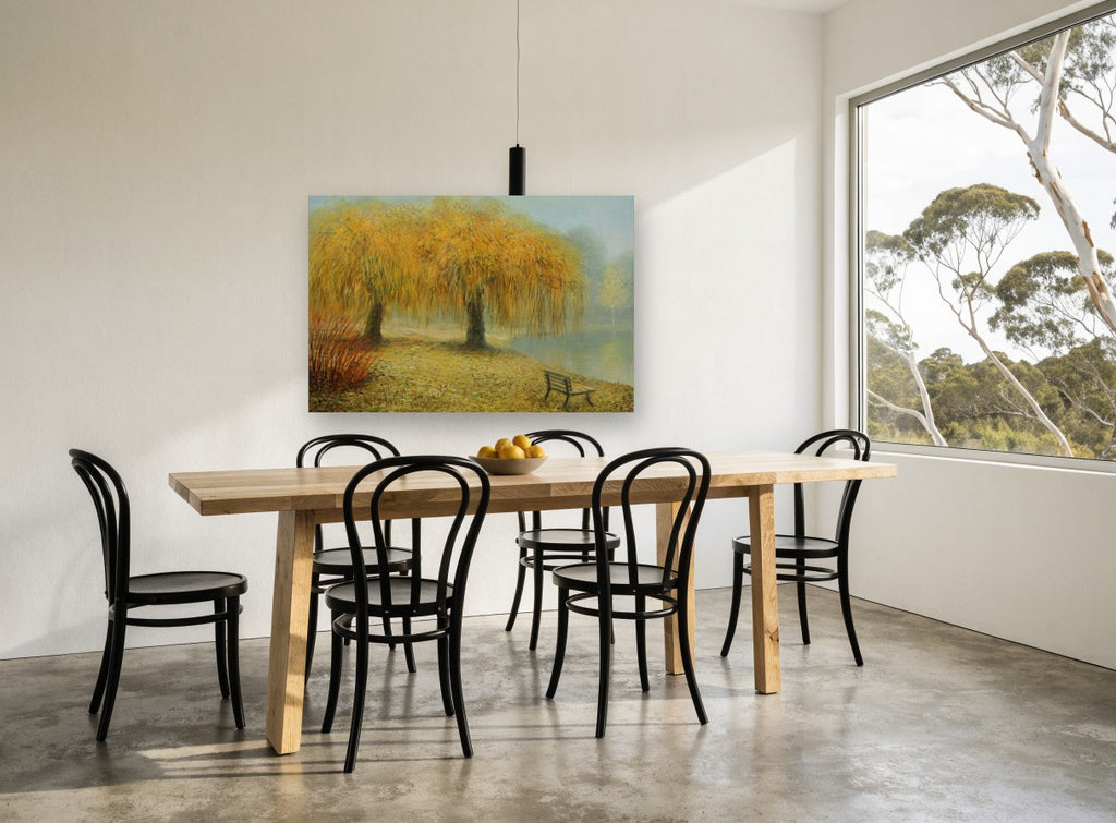 Willows by the Misty Lake floral canvas print on the wall of a dining room