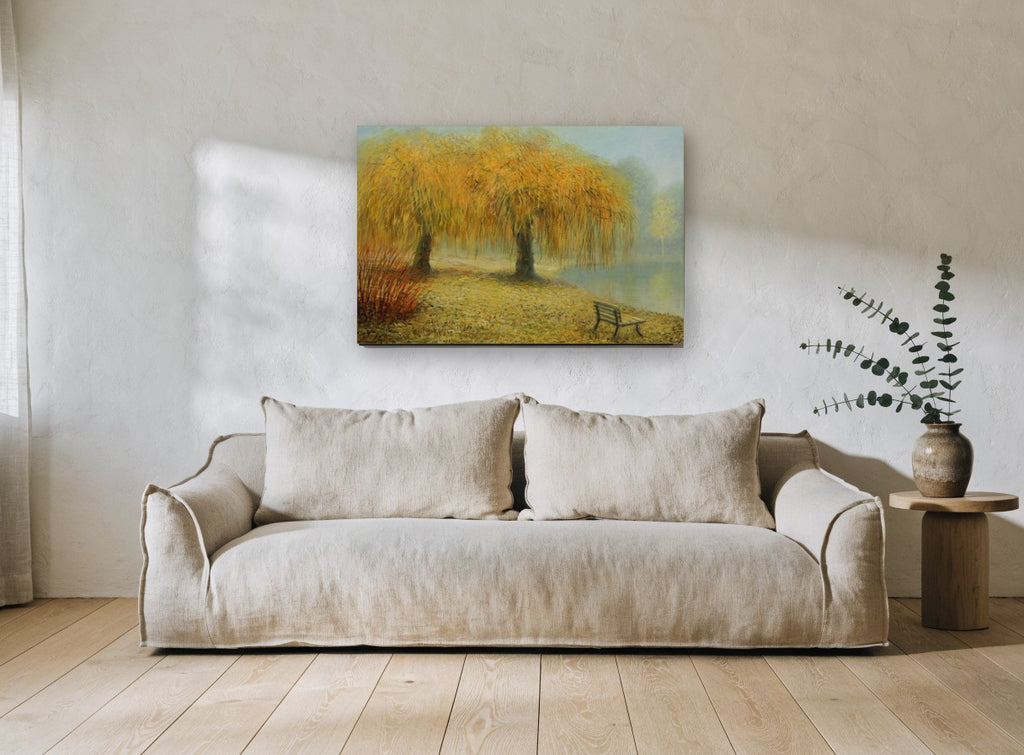 Willows by the Misty Lake floral canvas print on the wall of a living room