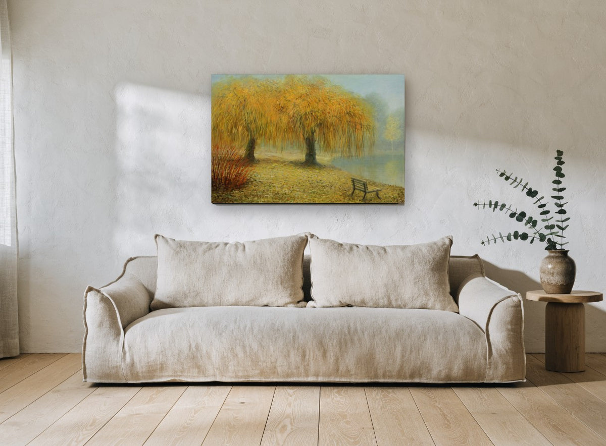 Willows by the Misty Lake floral canvas print on the wall of a living room