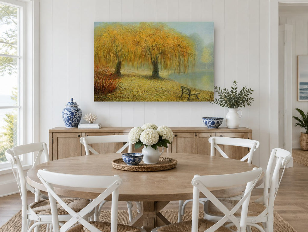 Willows by the Misty Lake floral canvas print on the wall of a Hamptons dining room
