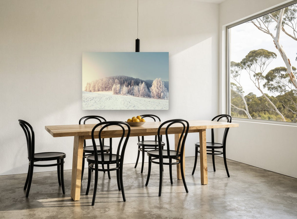 Frosted Hill Dawn landscape canvas print on the wall of a dining room