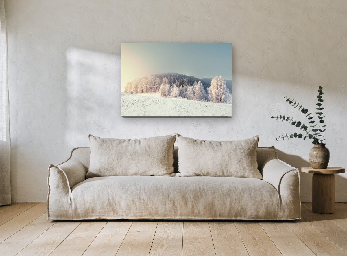 Frosted Hill Dawn landscape canvas print on the wall of a living room
