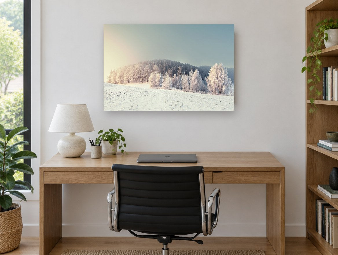 Frosted Hill Dawn landscape canvas print on the wall of a study