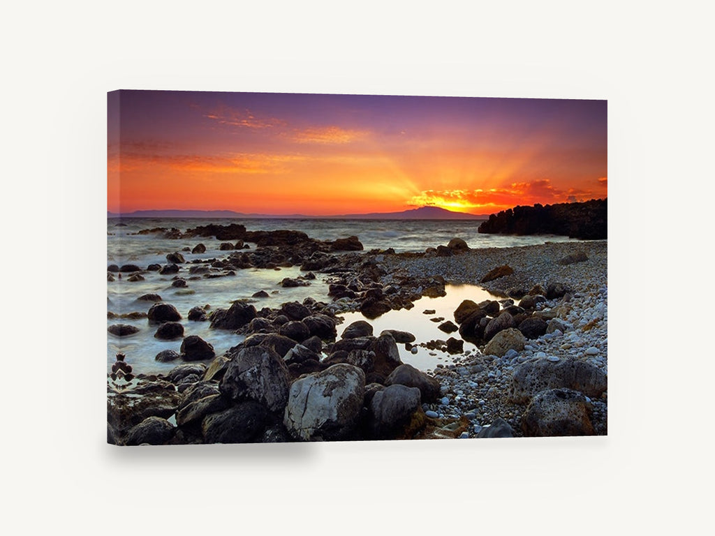 Mani Sunset Shore, sunset over rocky beach photograph, coastal canvas wall art print ready to hang