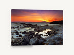 Mani Sunset Shore, sunset over rocky beach photograph, coastal canvas wall art print ready to hang
