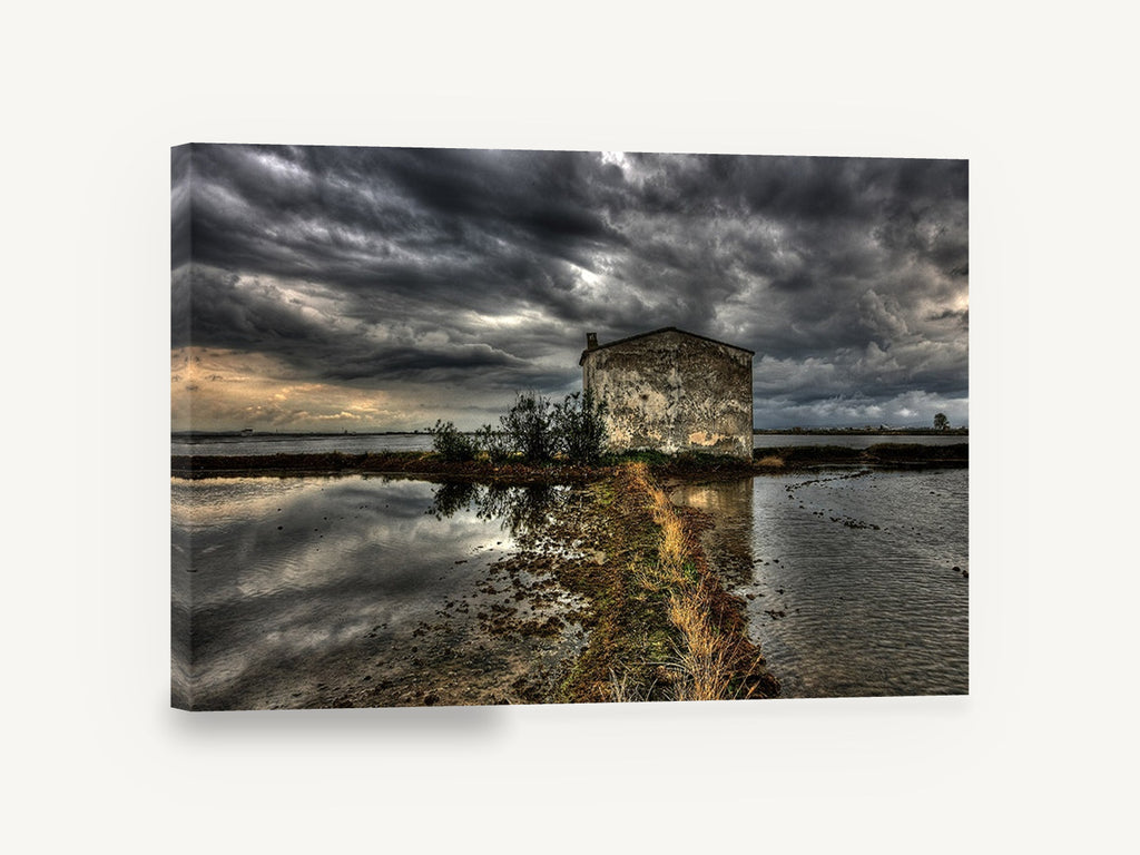 Stormlight Over Flooded Field, stone house flooded field storm photograph, landscape canvas wall art print ready to hang