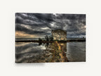 Stormlight Over Flooded Field, stone house flooded field storm photograph, landscape canvas wall art print ready to hang