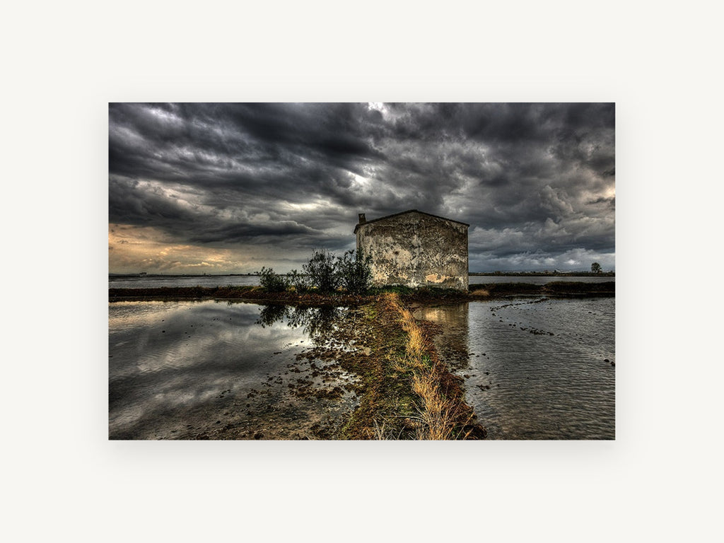 Stormlight Over Flooded Field, stone house flooded field storm photograph, landscape canvas wall art print, front view