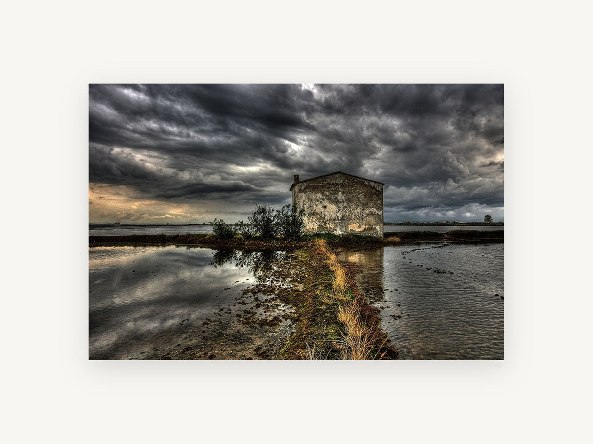 Stormlight Over Flooded Field, stone house flooded field storm photograph, landscape canvas wall art print, front view