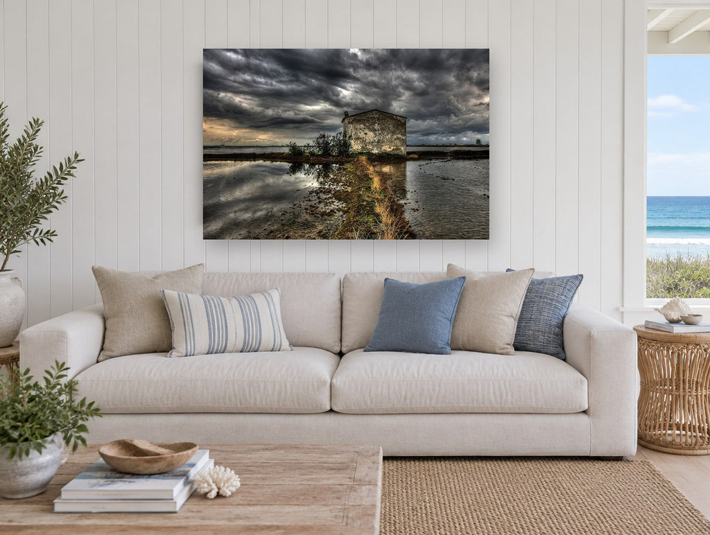 Stormlight Over Flooded Field landscape canvas print on the wall of a beach house living room