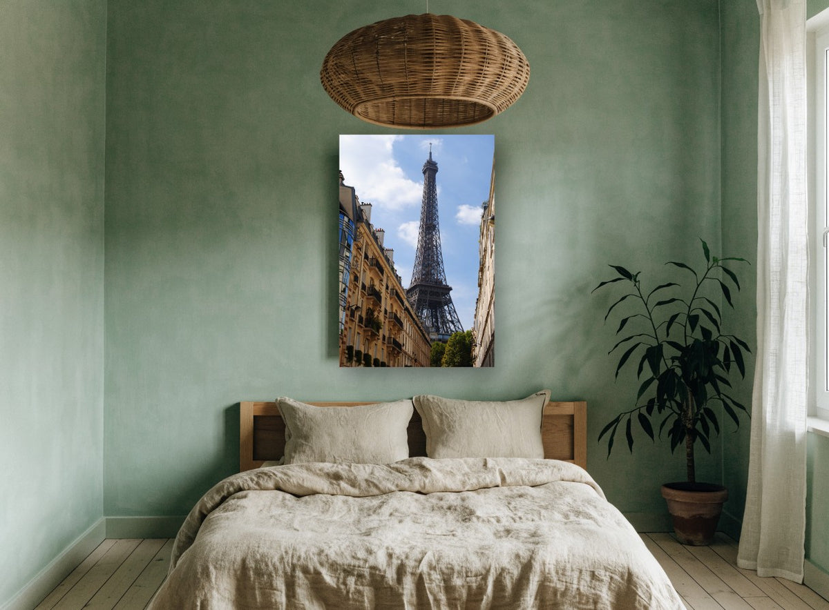Eiffel Above the Rooftops city canvas print on the wall of a bedroom