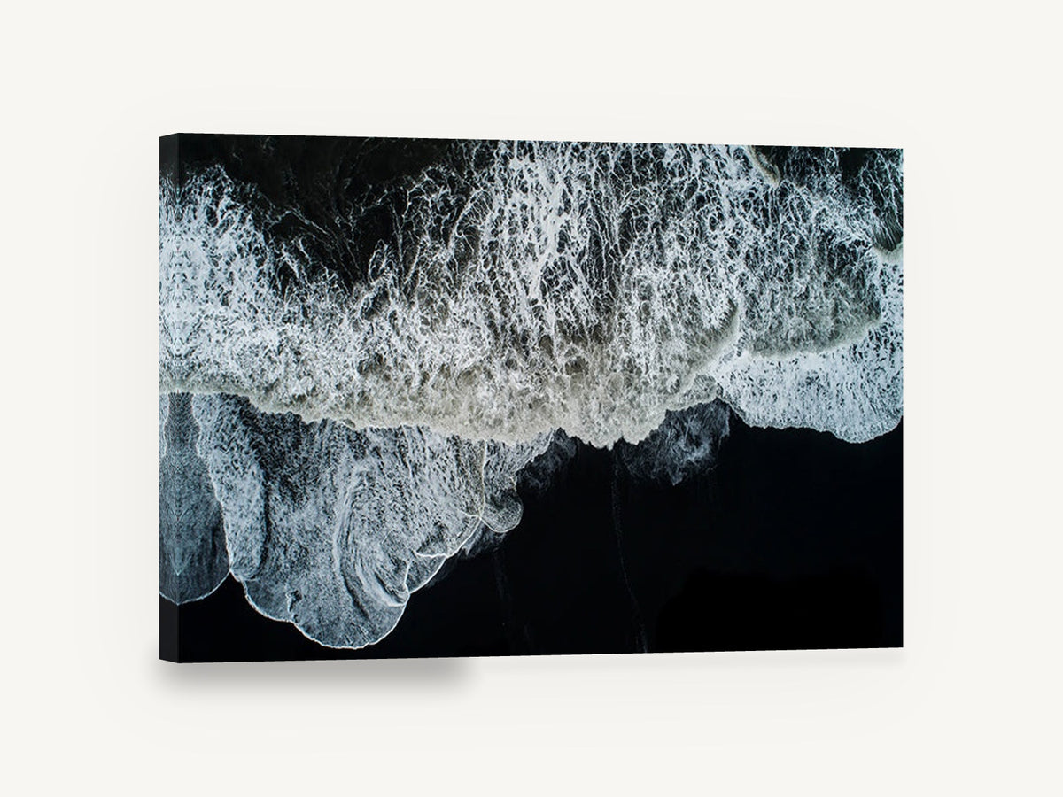 Foam on Black Sand, aerial black sand beach wave photograph, coastal canvas wall art print ready to hang