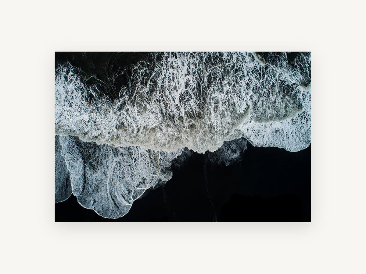 Foam on Black Sand, coastal canvas wall art print, front view
