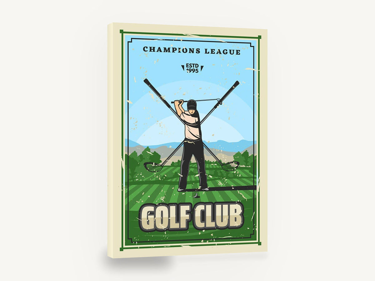 Champions League Golfer, retro golf club sports poster, stretched canvas wall art print ready to hang