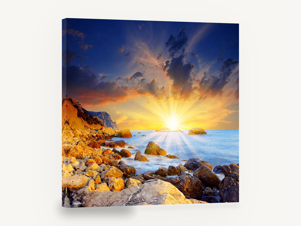 Sunburst Over Rocky Shore, sunset over rocky shore photograph, coastal canvas wall art print ready to hang