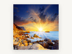 Sunburst Over Rocky Shore, coastal canvas wall art print, front view