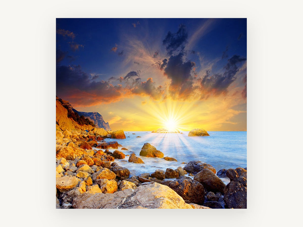 Sunburst Over Rocky Shore, coastal canvas wall art print, front view