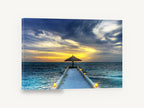 Lantern Jetty Dusk, thatched jetty sunset ocean photograph, coastal canvas wall art print ready to hang