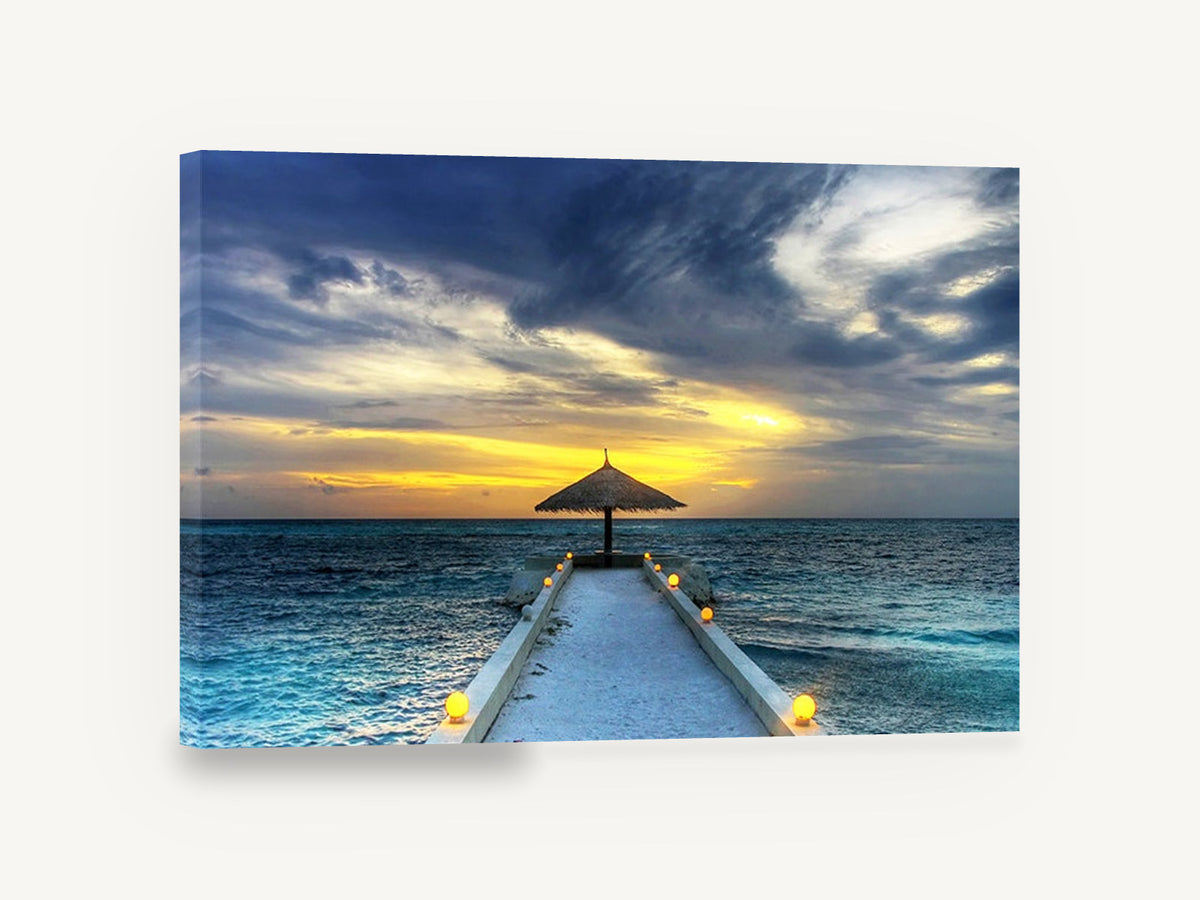 Lantern Jetty Dusk, thatched jetty sunset ocean photograph, coastal canvas wall art print ready to hang