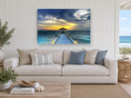 Lantern Jetty Dusk coastal canvas print on the wall of a beach house living room