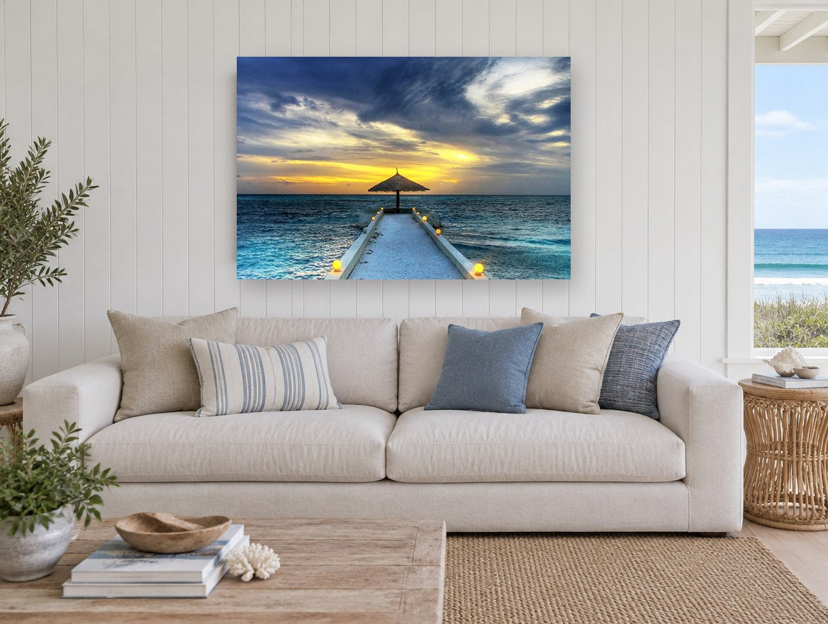Lantern Jetty Dusk coastal canvas print on the wall of a beach house living room