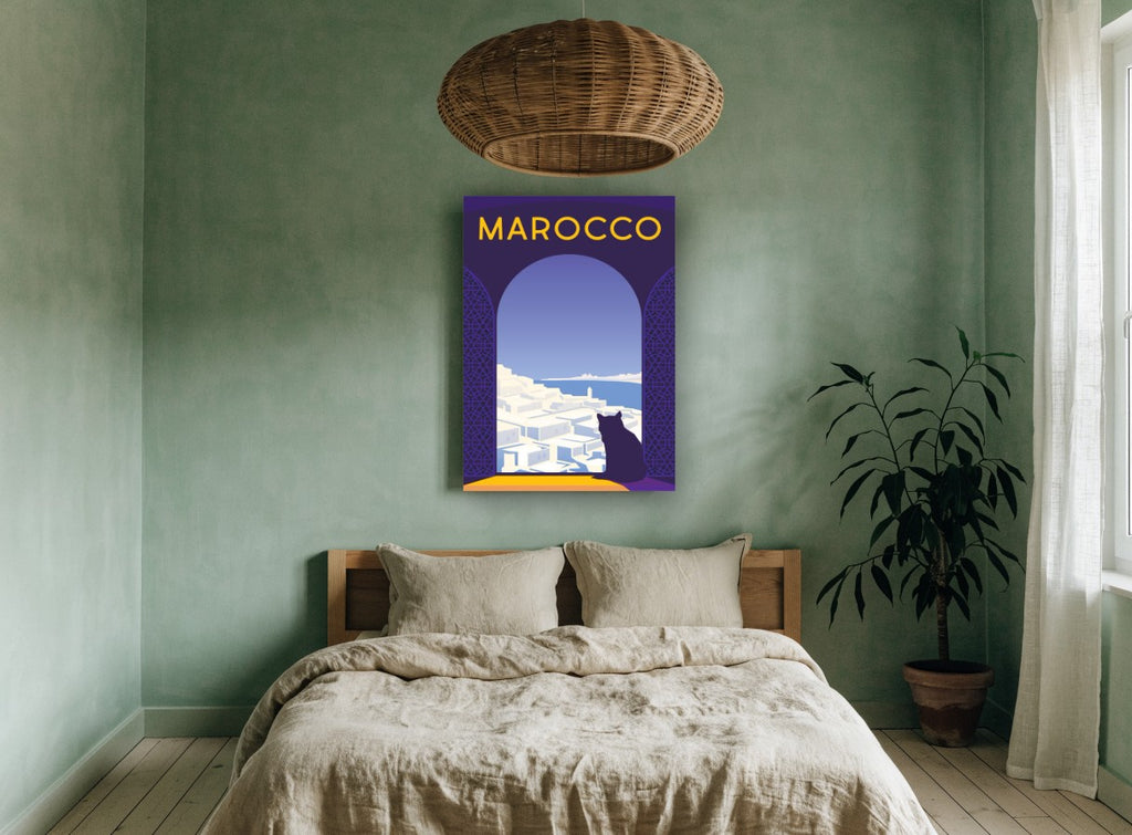 Cat Above Marocco vintage canvas print on the wall of a bedroom