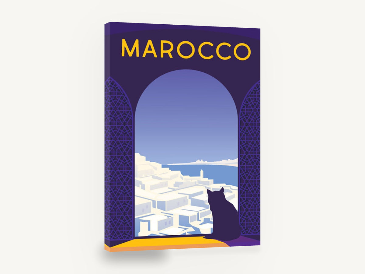 Cat Above Marocco, retro marocco cat travel poster, stretched canvas wall art print ready to hang