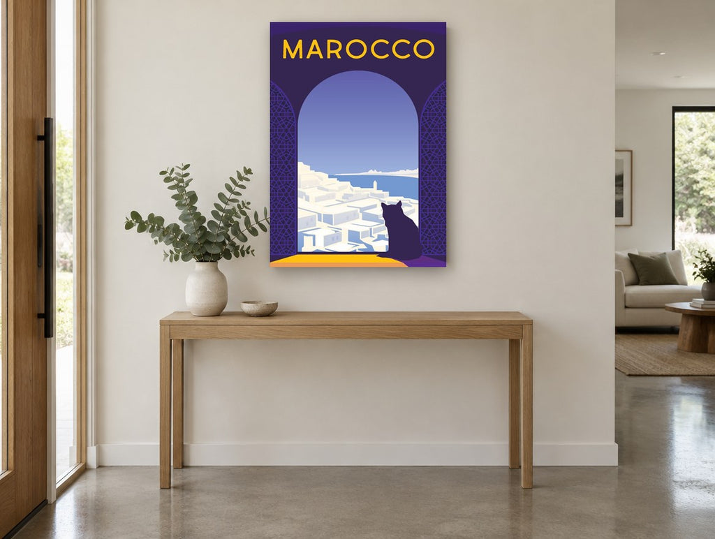 Cat Above Marocco vintage canvas print on the wall of a entry hall
