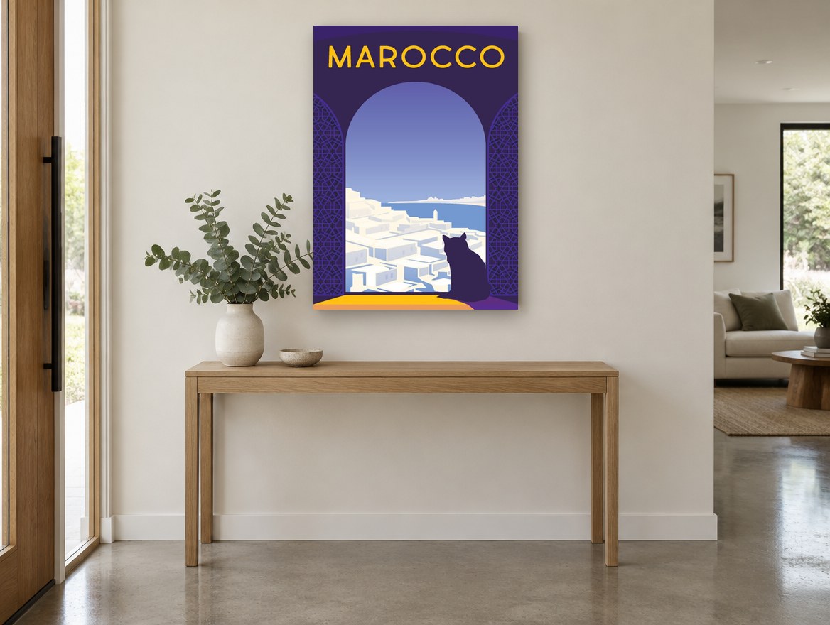 Cat Above Marocco vintage canvas print on the wall of a entry hall