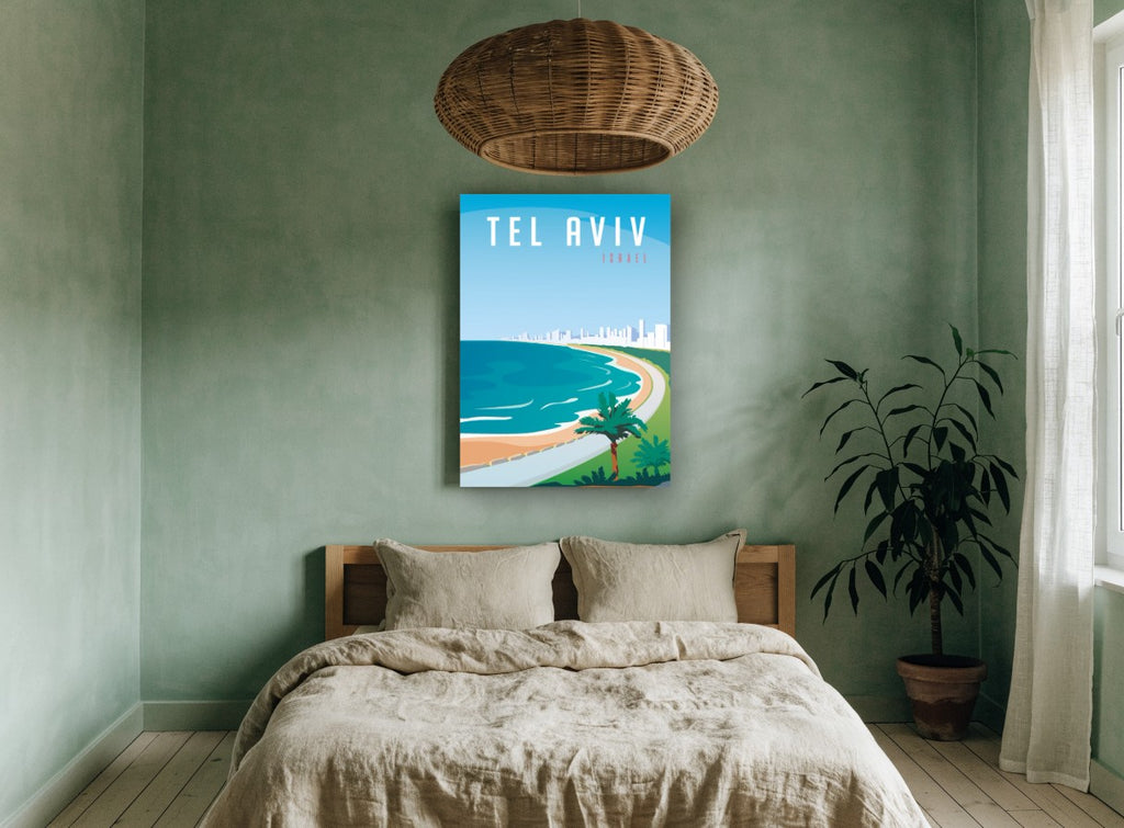 Tel Aviv Shoreline vintage canvas print on the wall of a bedroom