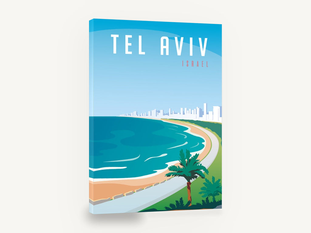 Tel Aviv Shoreline, retro tel aviv beach travel poster, stretched canvas wall art print ready to hang