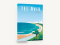 Tel Aviv Shoreline, retro tel aviv beach travel poster, stretched canvas wall art print ready to hang