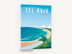 Tel Aviv Shoreline, retro tel aviv beach travel poster, stretched canvas wall art print ready to hang