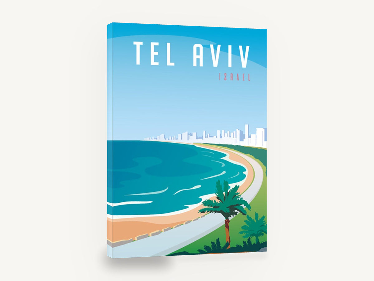 Tel Aviv Shoreline, retro tel aviv beach travel poster, stretched canvas wall art print ready to hang