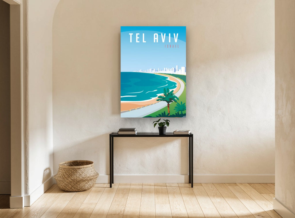 Tel Aviv Shoreline vintage canvas print on the wall of a hallway