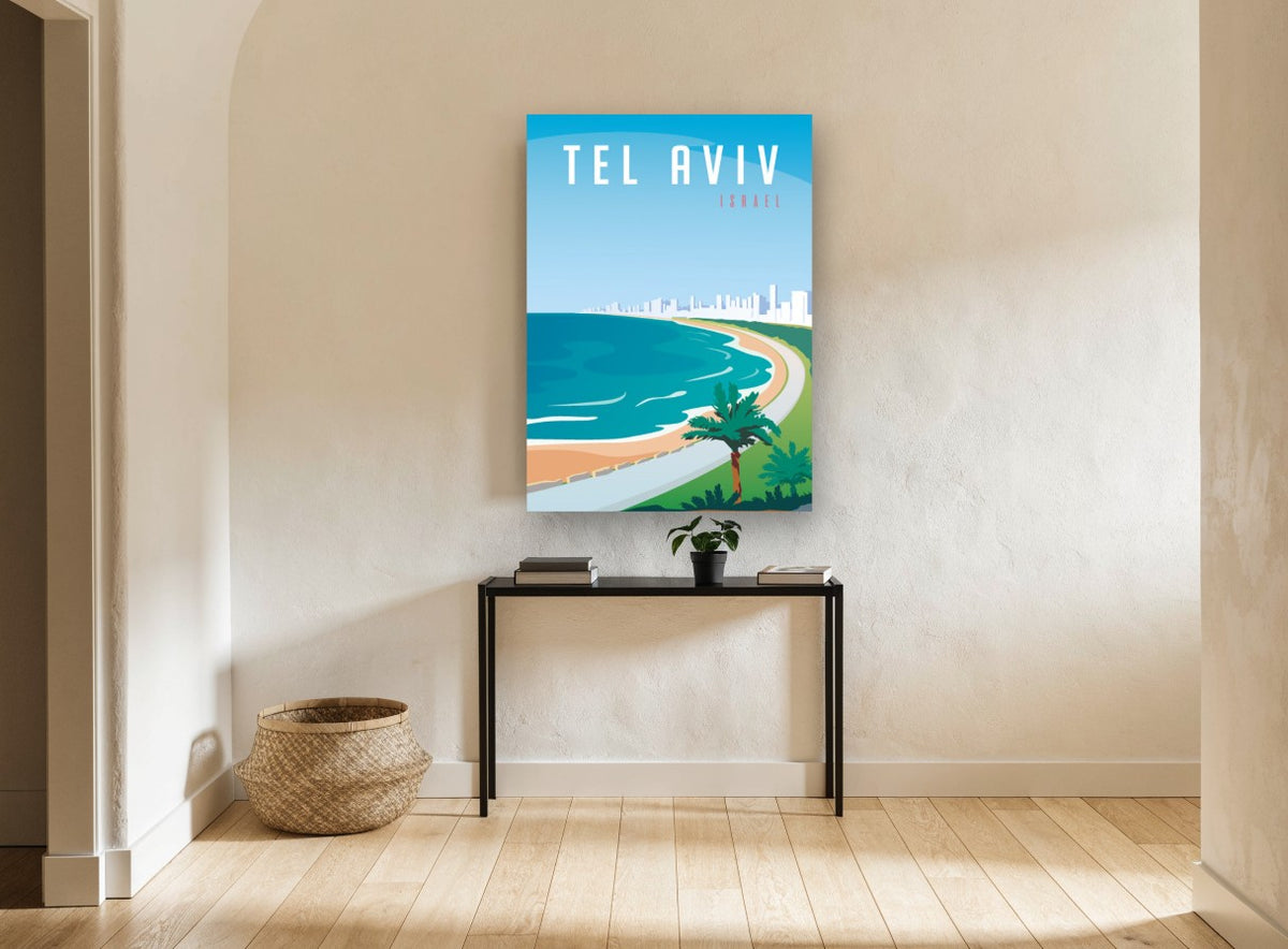 Tel Aviv Shoreline vintage canvas print on the wall of a hallway