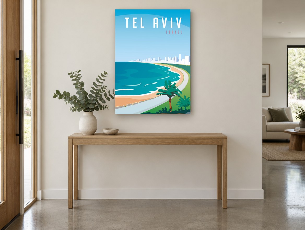 Tel Aviv Shoreline vintage canvas print on the wall of a entry hall