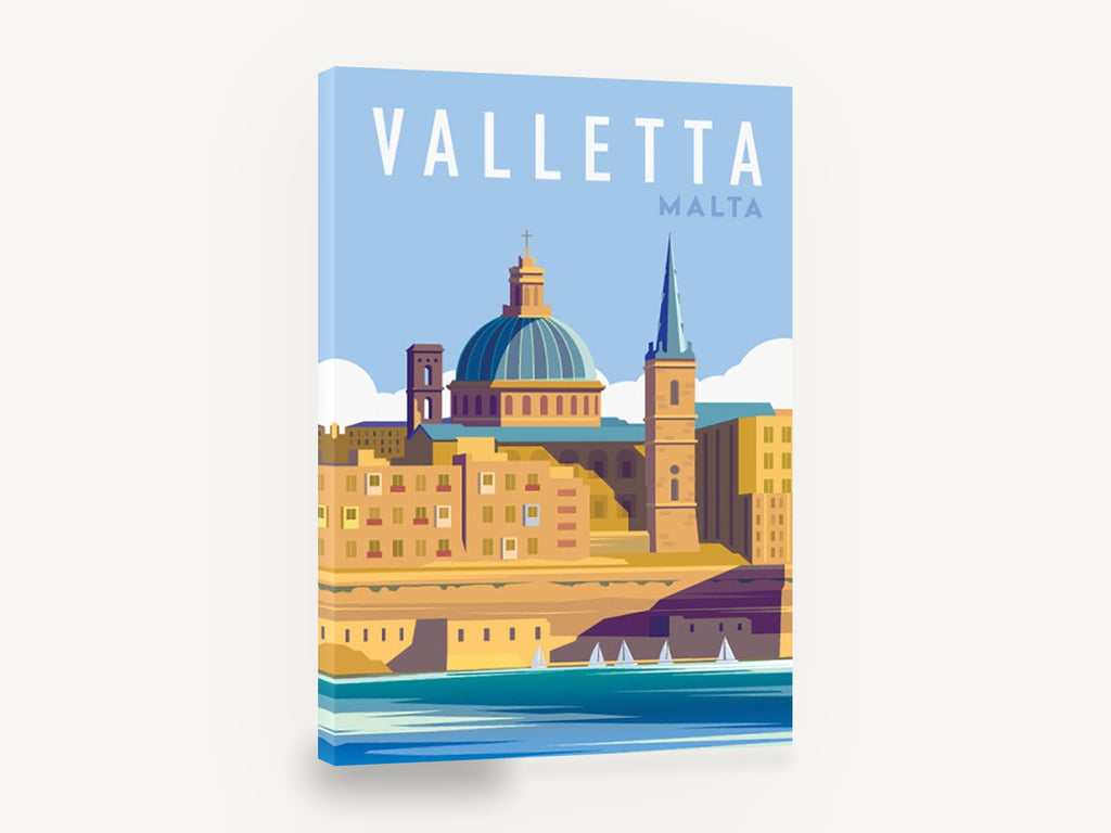 Valletta Harbour Dome, retro valletta malta travel poster, stretched canvas wall art print ready to hang