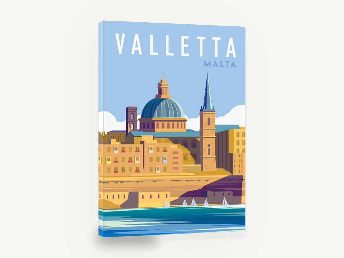 Valletta Harbour Dome, retro valletta malta travel poster, stretched canvas wall art print ready to hang