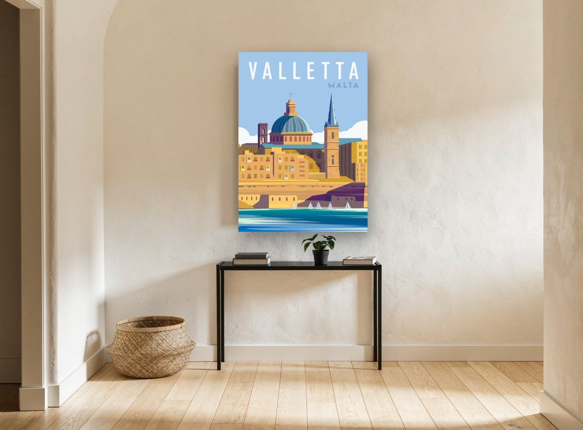 Valletta Harbour Dome vintage canvas print on the wall of a hallway