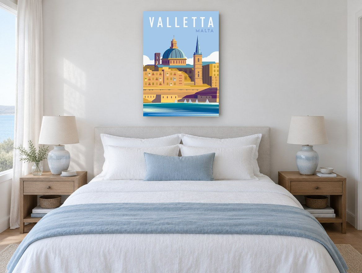 Valletta Harbour Dome vintage canvas print on the wall of a coastal bedroom
