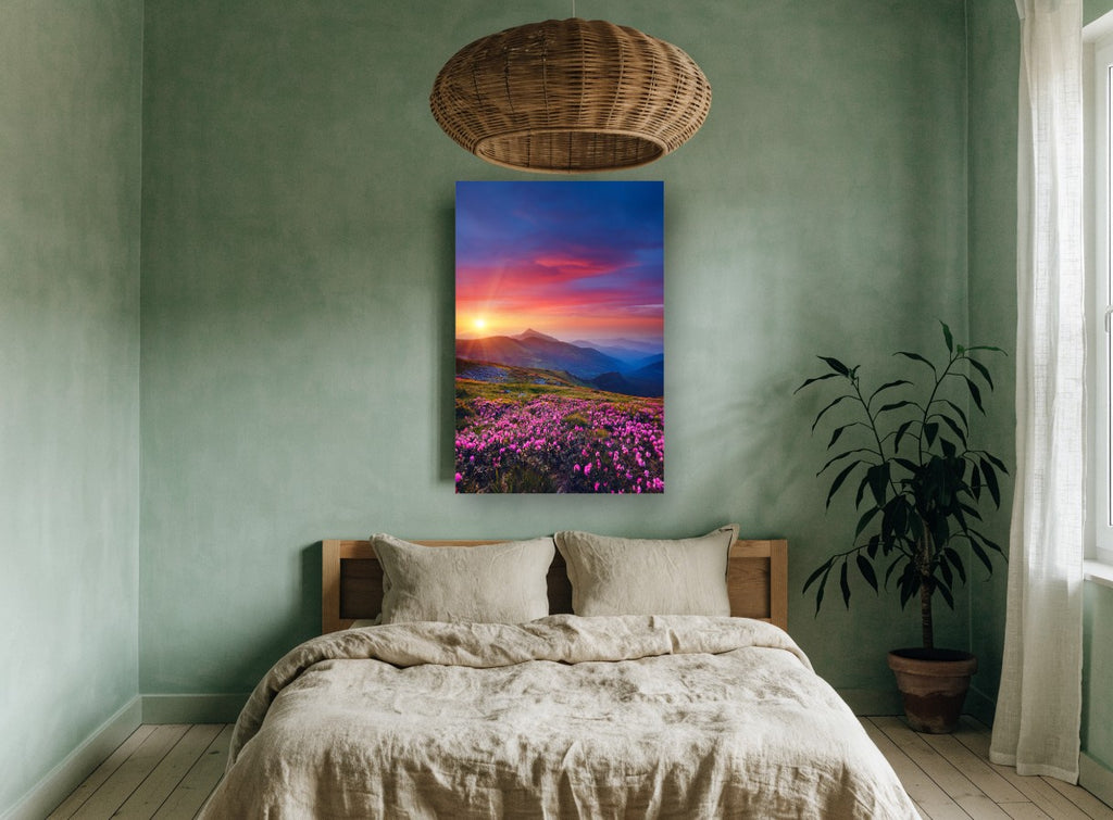 Alpine Sunset Blooms floral canvas print on the wall of a bedroom
