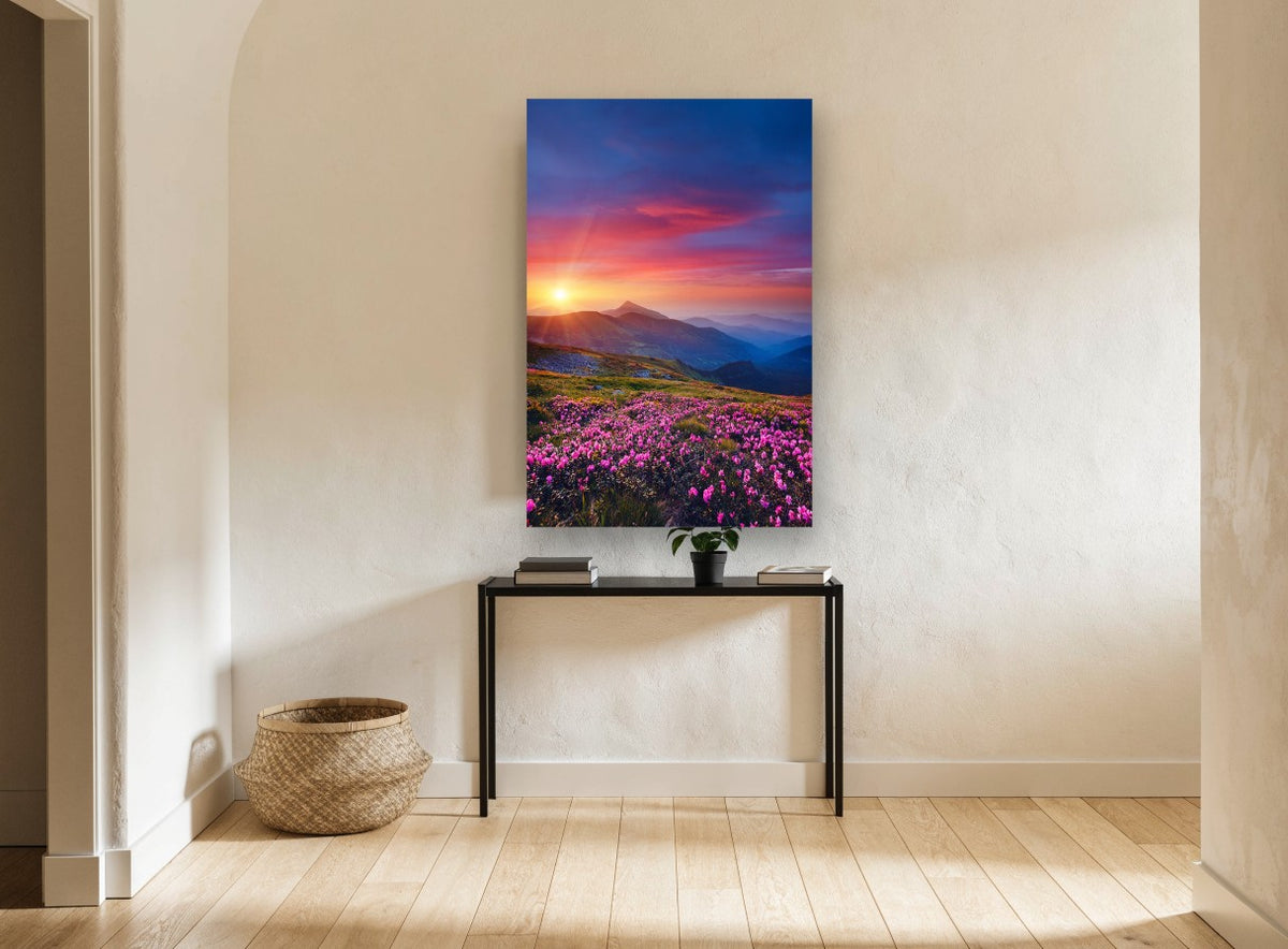 Alpine Sunset Blooms floral canvas print on the wall of a hallway