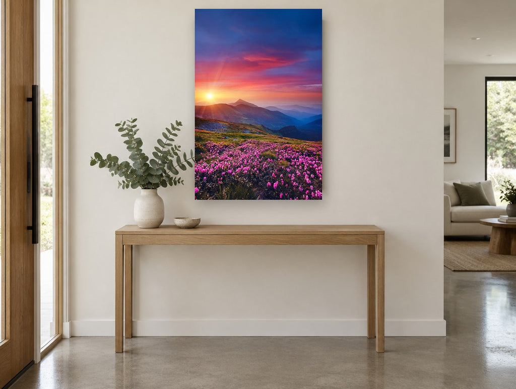 Alpine Sunset Blooms floral canvas print on the wall of a entry hall